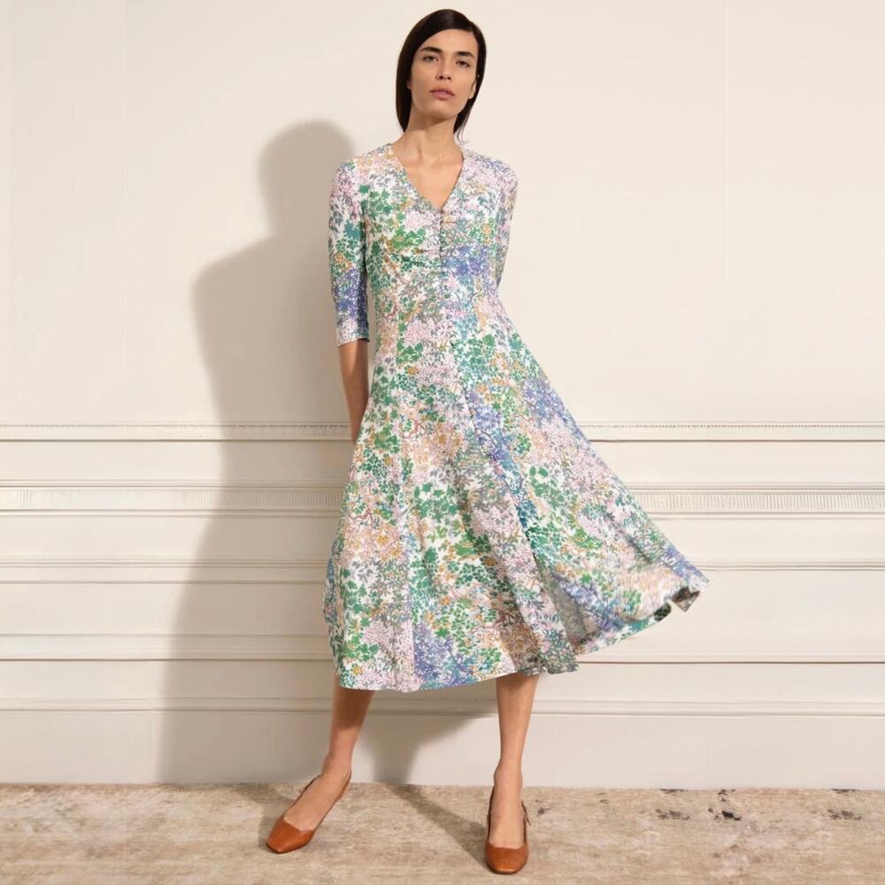The Fold London Lochaline Midi Dress Botanical Floral Button Front UK 12 US 8